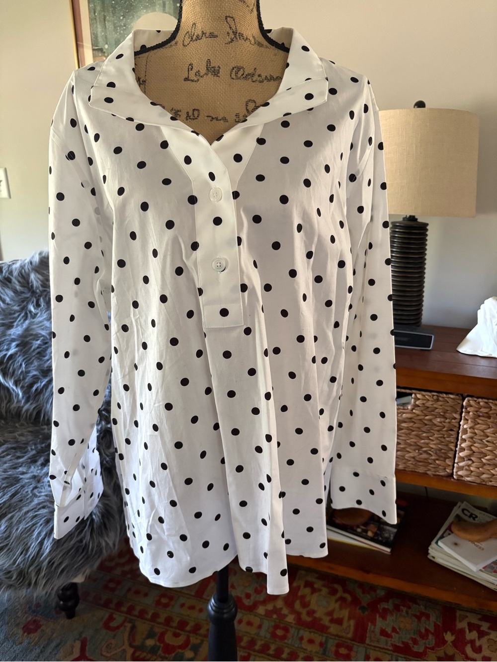 Talbots White Button-Down Blouse with Black Polka Dots